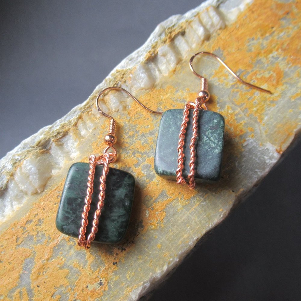 Green Jasper Earrings, Stone Tiles Wrapped in Copper Braid, Pierced